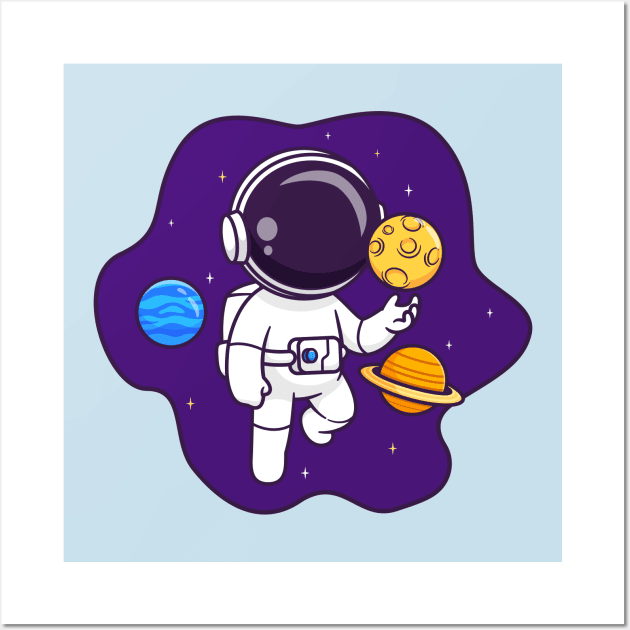 Cute Astronaut Floating In Space With Planet And Moon Cartoon Wall Art by Catalyst Labs